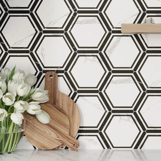 Montura White and Black Marbled Porcelain Hexagon Tile Geometric Kitchen Backsplash