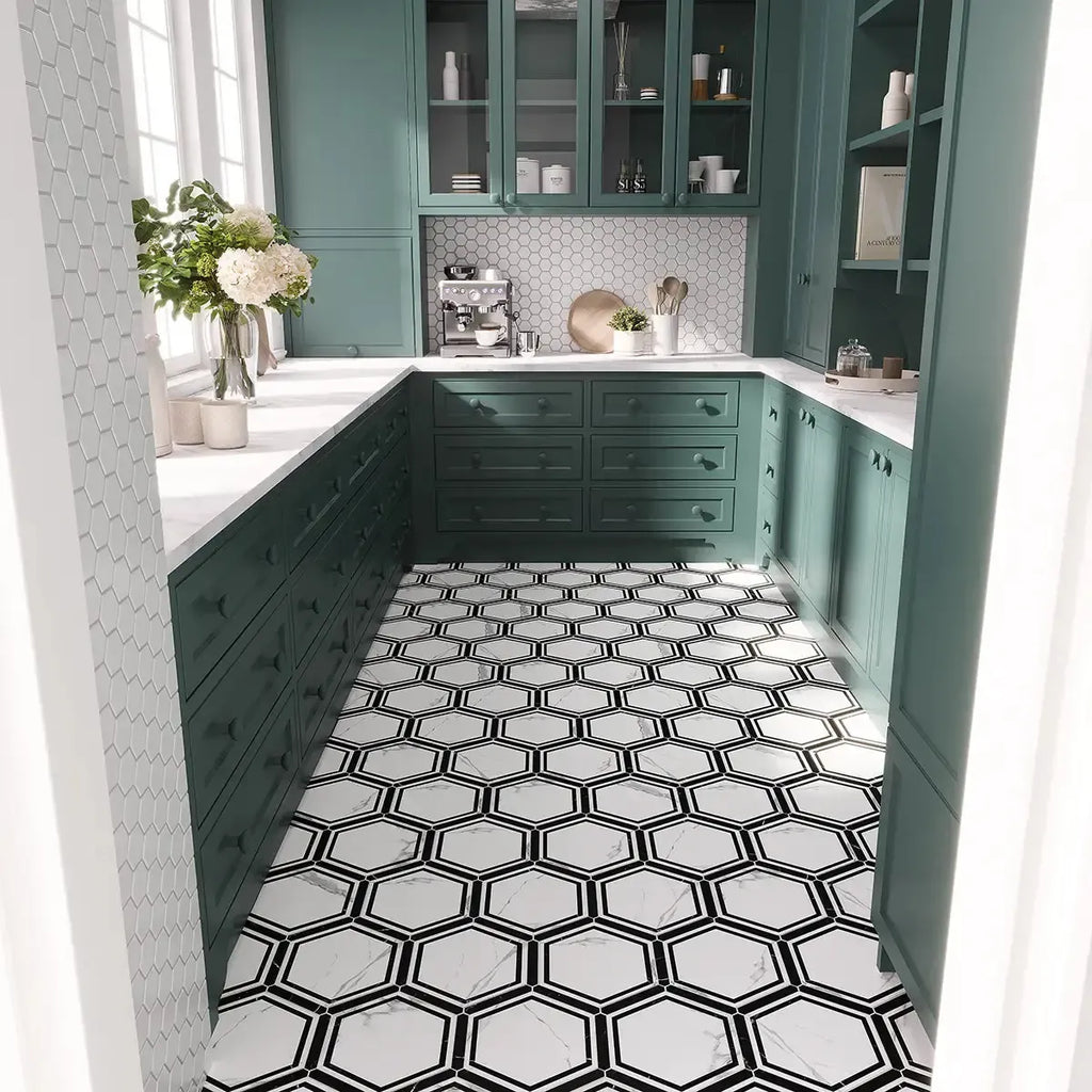 Pantry floor with white and black porcelain hex tiles