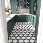 Pantry floor with white and black porcelain hex tiles