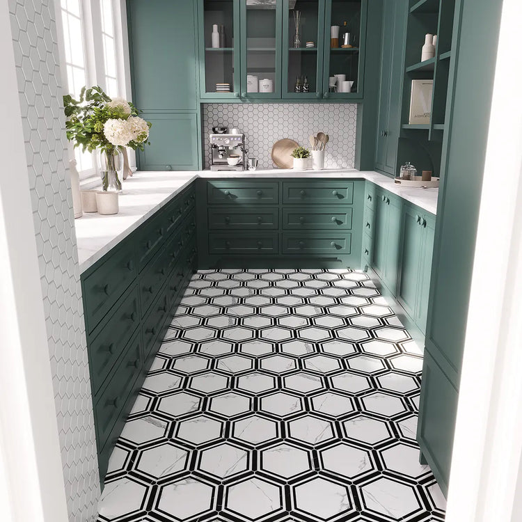 Pantry floor with white and black porcelain hex tiles