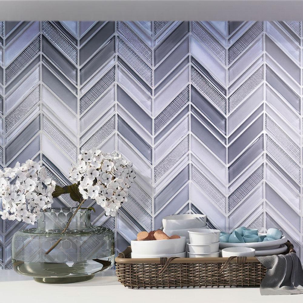 Moongrey Chevron Glass Mosaic Tile | Gray Patterned Walls, Floors