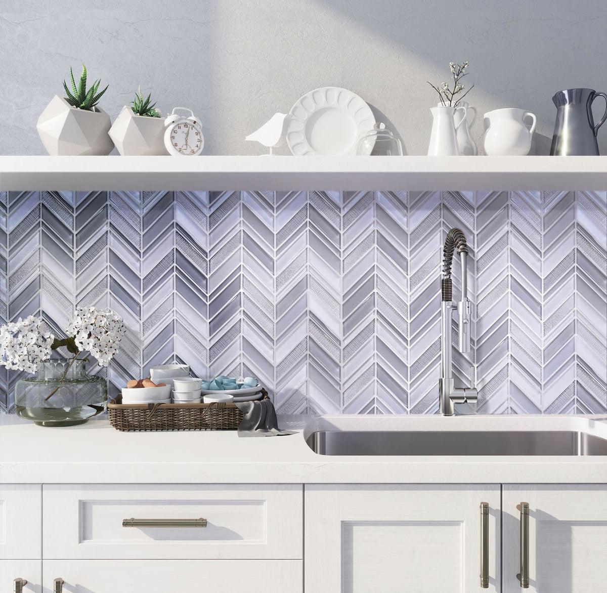 White kitchen with Moongrey Chevron Glass Mosaic Tile backsplash