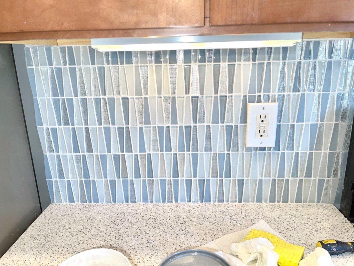 Client Backsplash Installation of Moongrey Triangle Glass Mosaic Tile