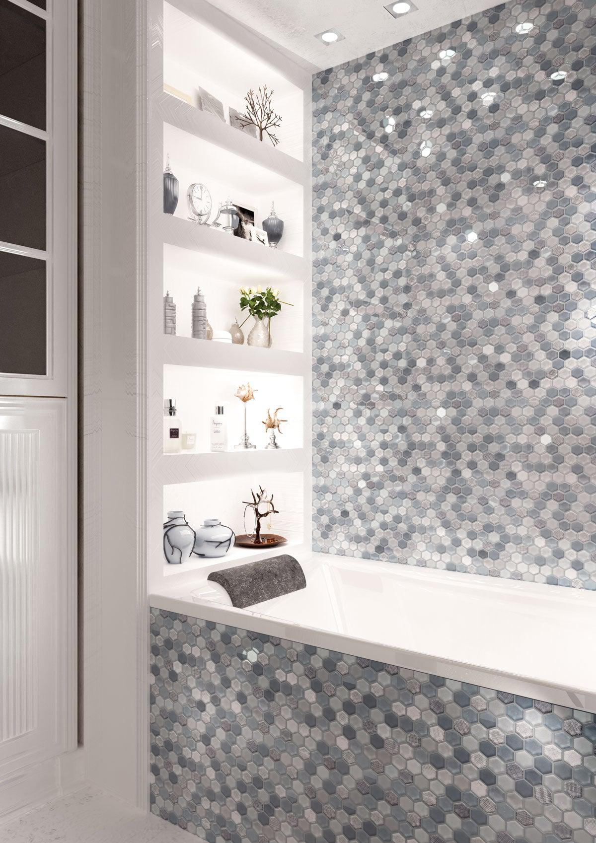 Moongrey Hexagon Glass Mosaic Tile Bathtub Surorund and Bathroom Wall