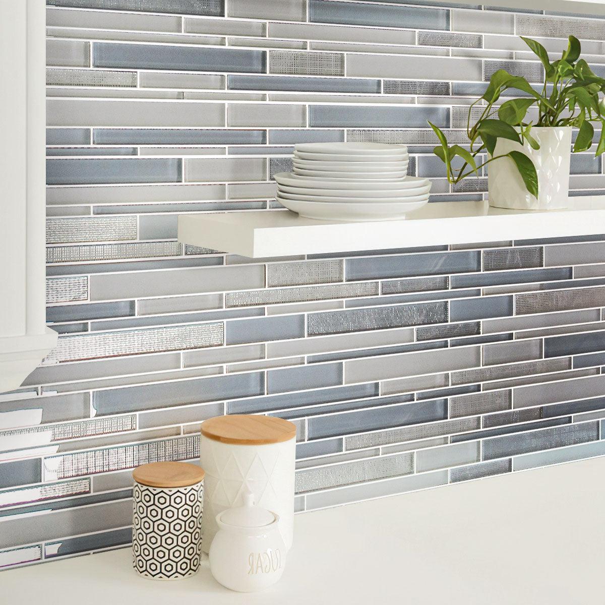 Moongrey Linear Glass Mosaic Tile backsplash with open shelves