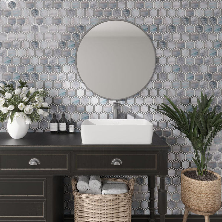 Topaz Marbled Glass Hexagon Mosaic Tile | Tile Club