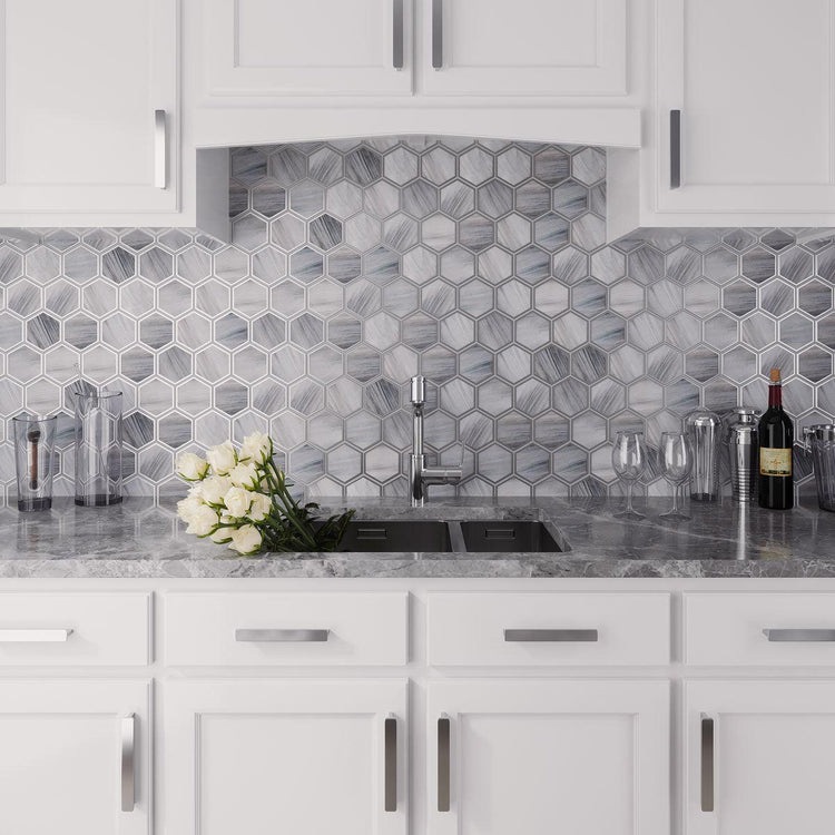 Moonstone Marbled Glass Hexagon Mosaic Tile | Tile Club