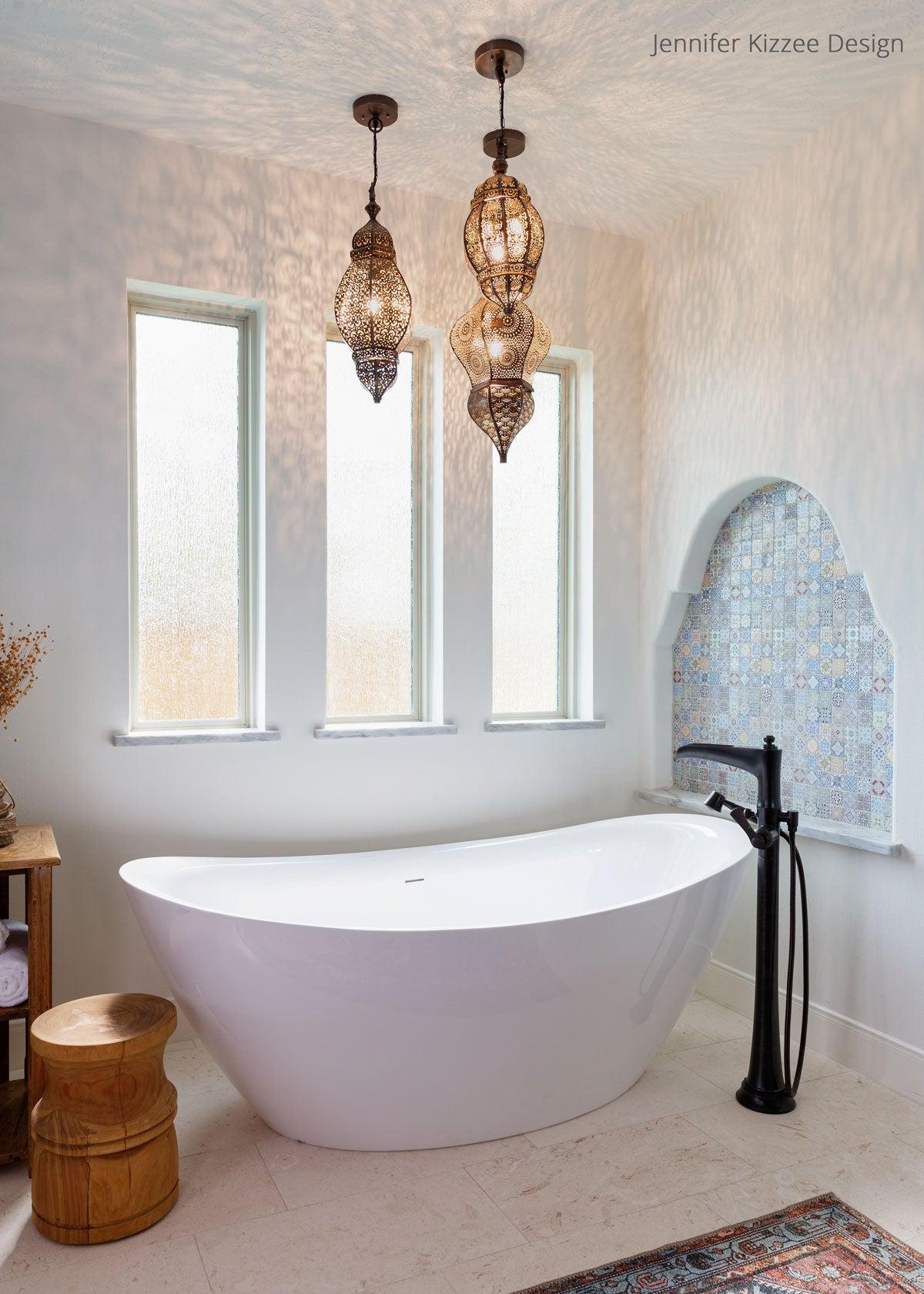 Moroccan Bathroom with a Decorative Tile Niche behind the Standing Tub