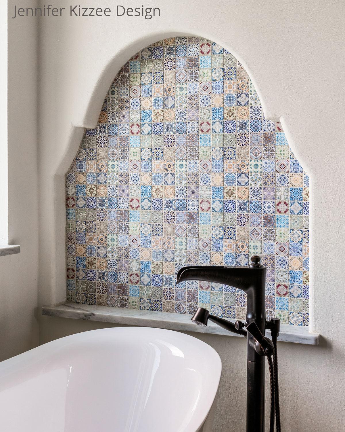 Moroccan bathroom design with a decorative tile arched niche