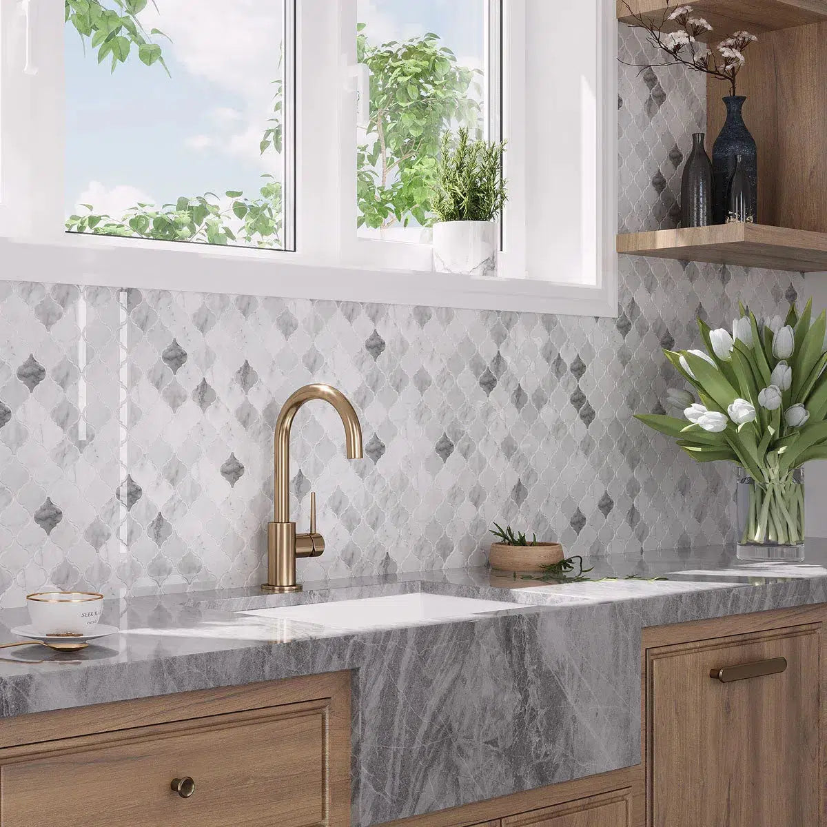 Kitchen wall tile with Moroccan Gray Arabesque Vinyl adhesive sheets