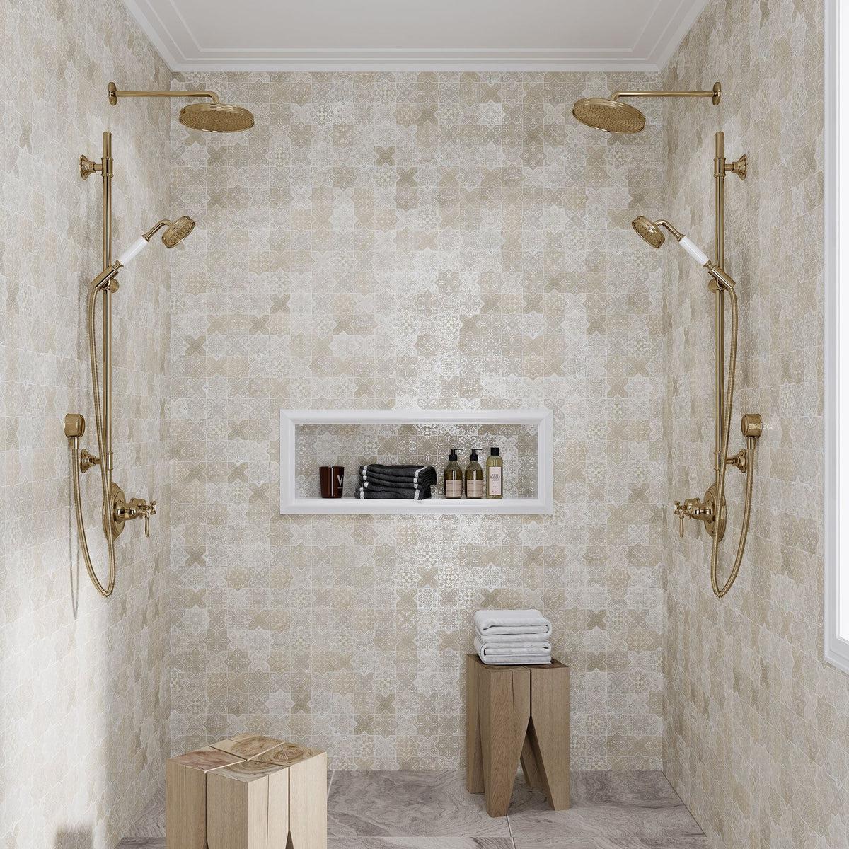 Bathroom with double brass shower and cream wall tile