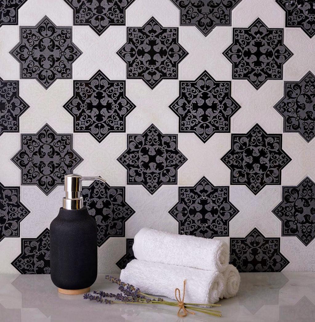 Moroccan Star & Cross Black and White Etched Marble Mosaic Tile
