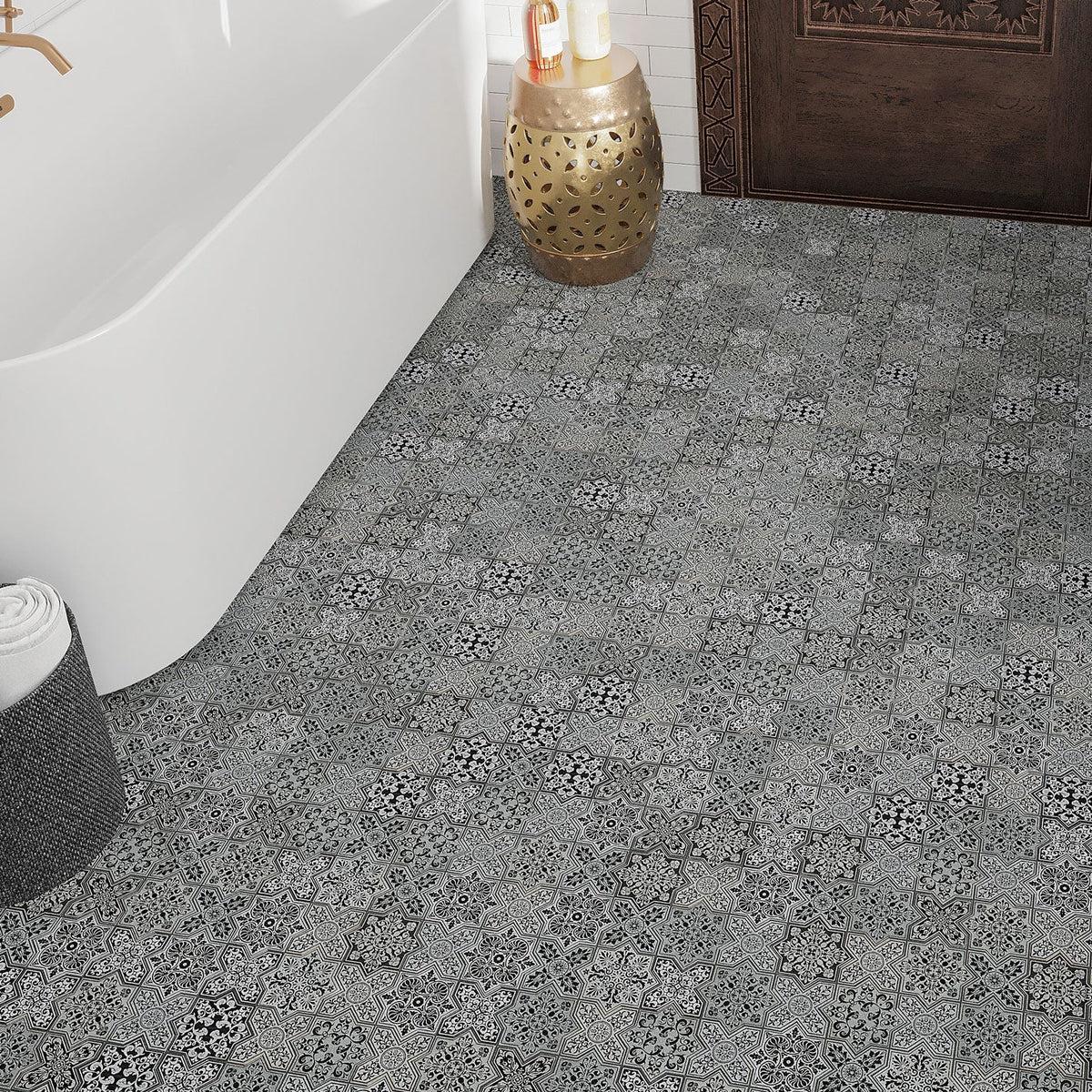 Black and white stone moroccan floor tile