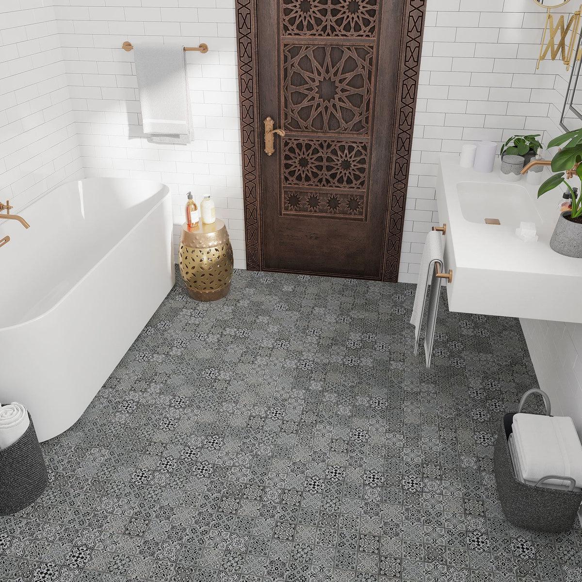 Moroccan bathroom decor with black and white patterned tile flooring