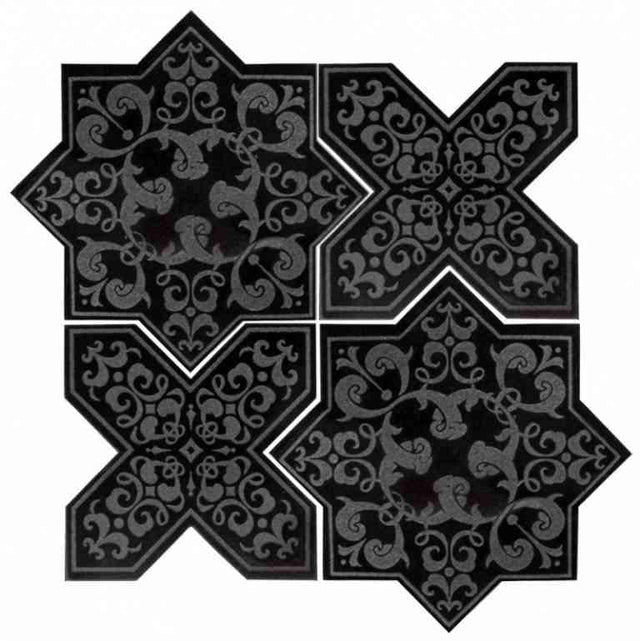 Moroccan Star & Cross Black Etched Marble Mosaic Tile | Patterned Walls ...