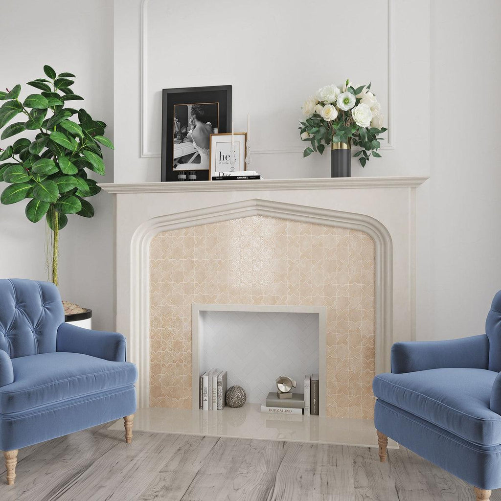 Cream tile fireplace surround moroccan interior design