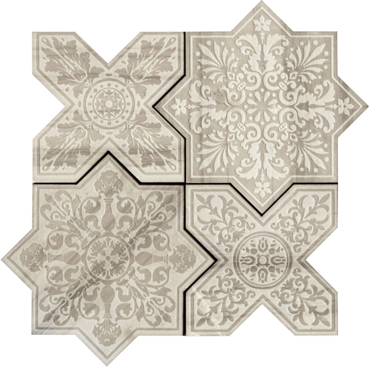 Moroccan Star & Cross Grey Etched Marble Mosaic Tile Sample