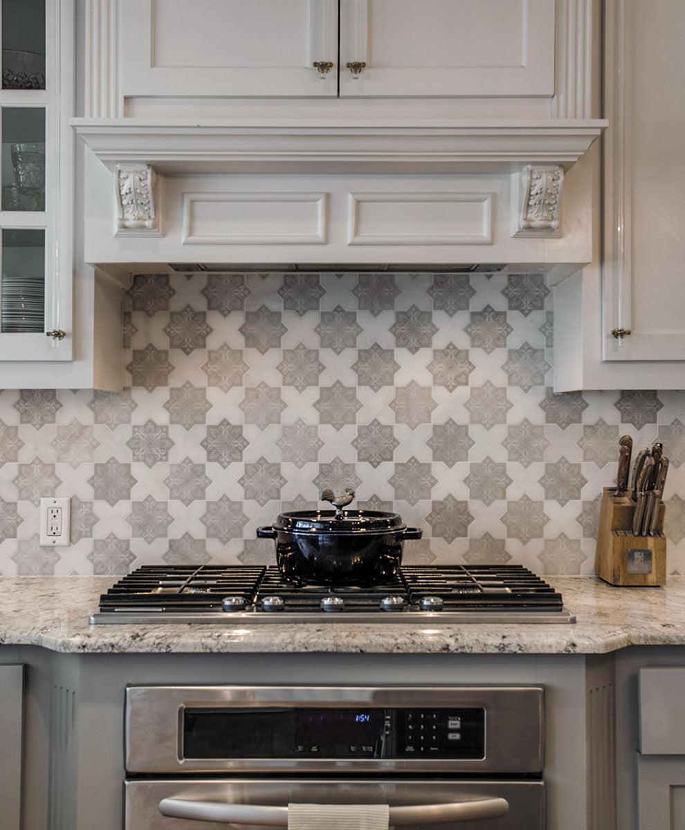 Moroccan Star & Cross Grey and White Etched Marble Mosaic Tile