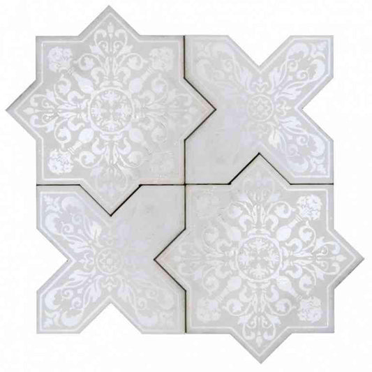 white marble star and cross tile backsplash