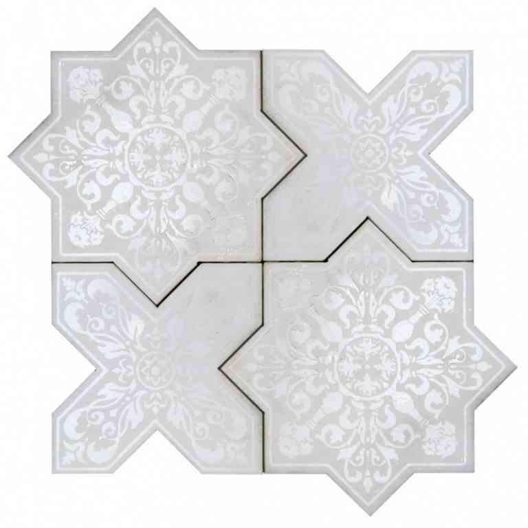 Moroccan Star & Cross White Etched Marble Mosaic Tile Sample