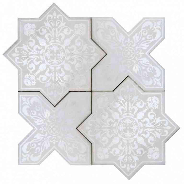 Moroccan Star & Cross White Etched Marble Mosaic Tile Sample