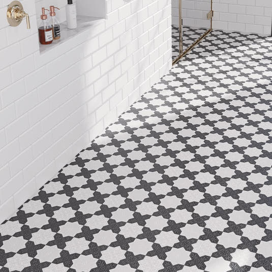 Moroccan White Star & Black Cross Etched Marble mosaic tile shower floor