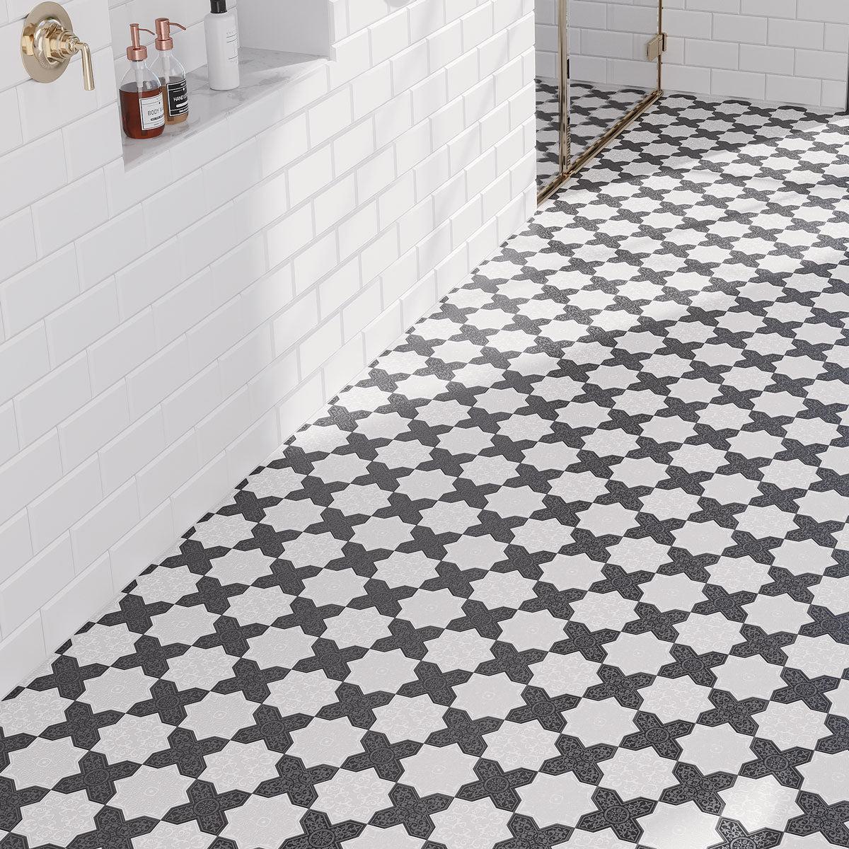 Moroccan White Star & Black Cross Etched Marble mosaic tile shower floor