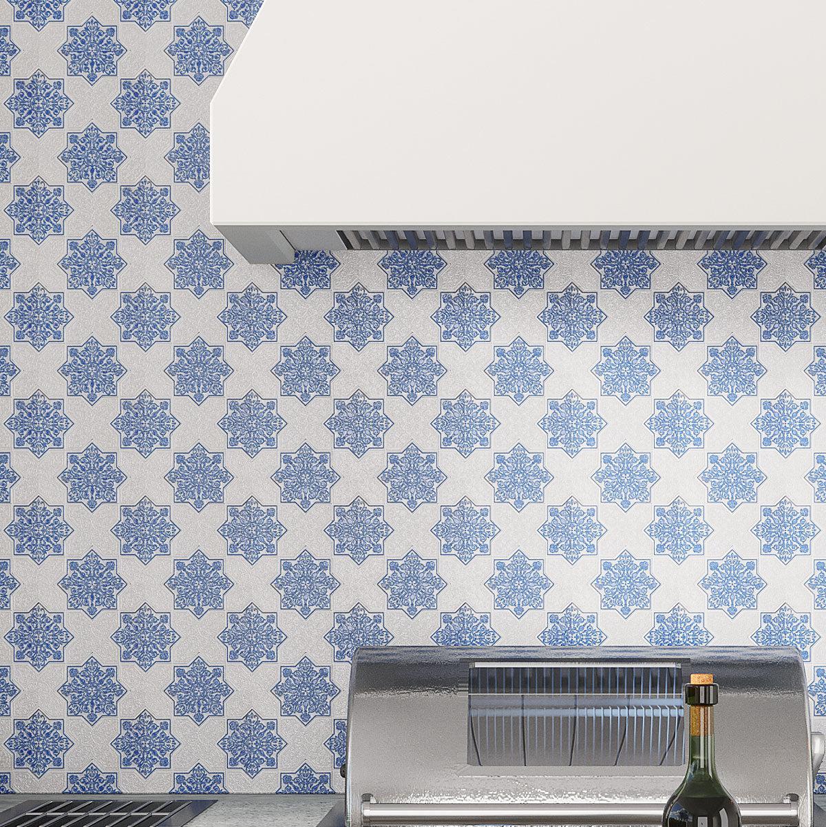 Moroccan Blue Star & White Cross Etched Marble Mosaic Tile