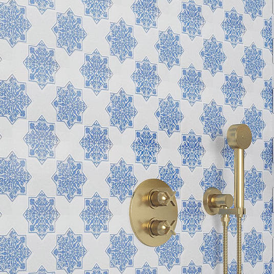 Moroccan Blue Star & White Cross Etched Marble Mosaic Tile | Tile Club