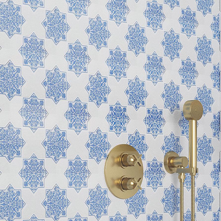Moroccan Blue Star & White Cross Etched Marble Mosaic Tile | Tile Club