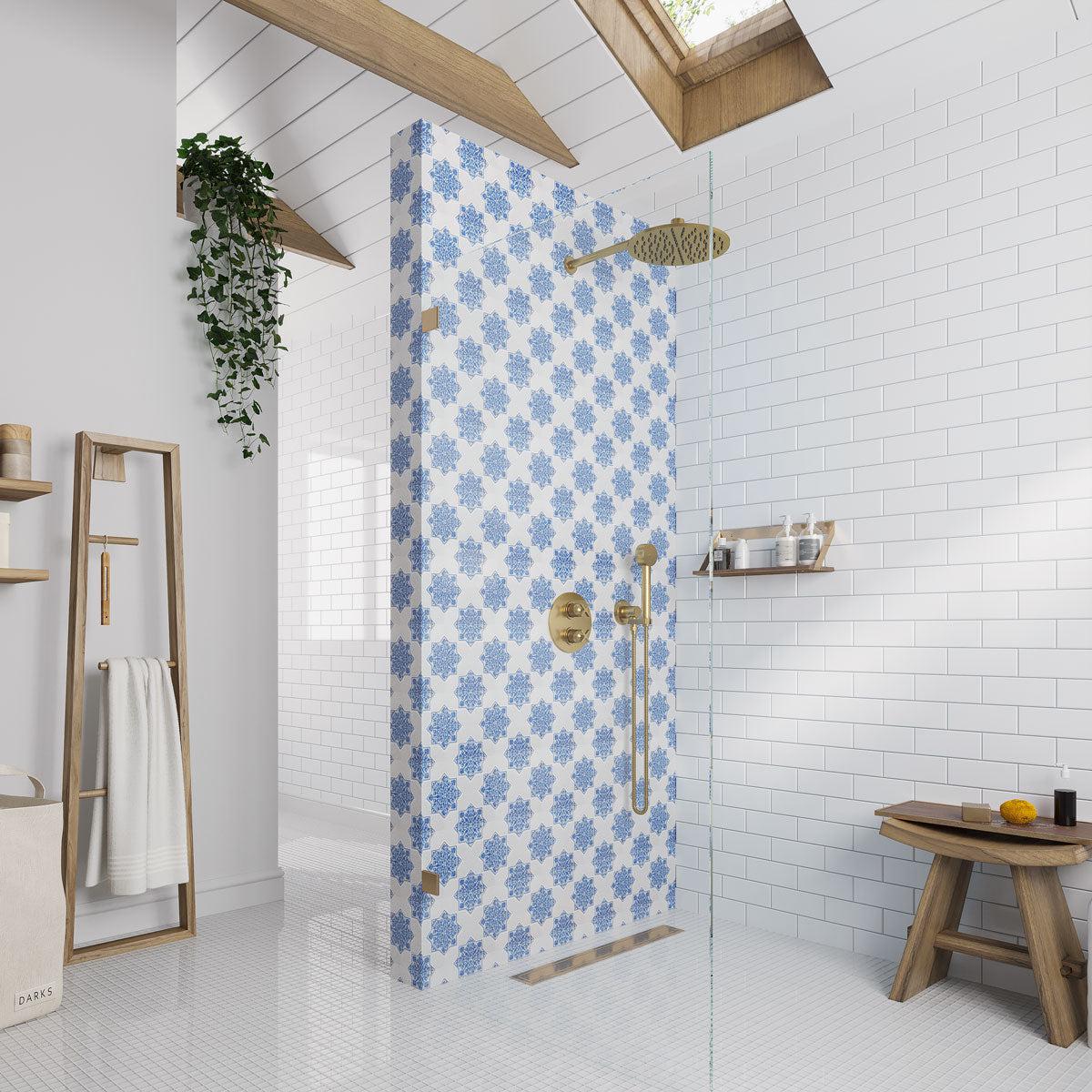 Blue and white patterned shower accent wall