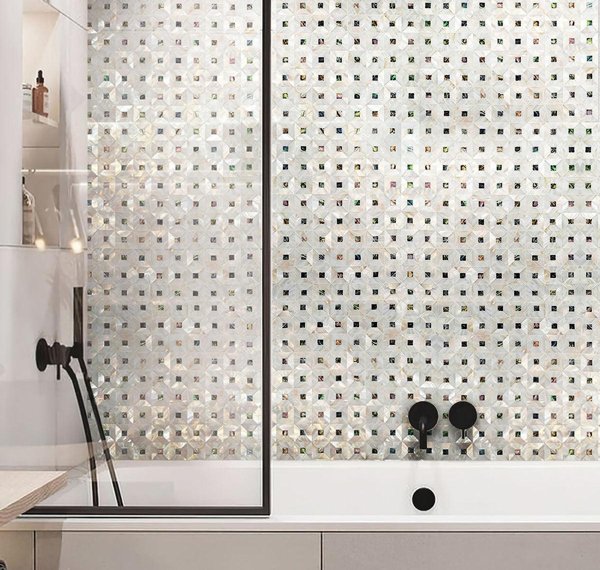 White bathroom with Mother Of Pearl Abalone Mosaic Tile backsplash
