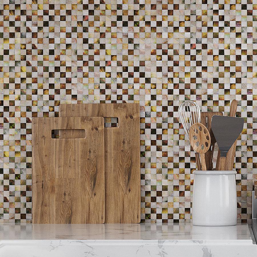 Mother Of Pearl Checker Board Mosaic Tile Kitchen Backsplash Close-up