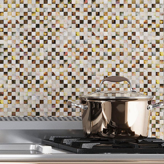 Brass Pot on Kitchen Stove Opposite Mother Of Pearl Checker Board Mosaic Tile Backsplash