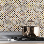 Brass Pot on Kitchen Stove Opposite Mother Of Pearl Checker Board Mosaic Tile Backsplash