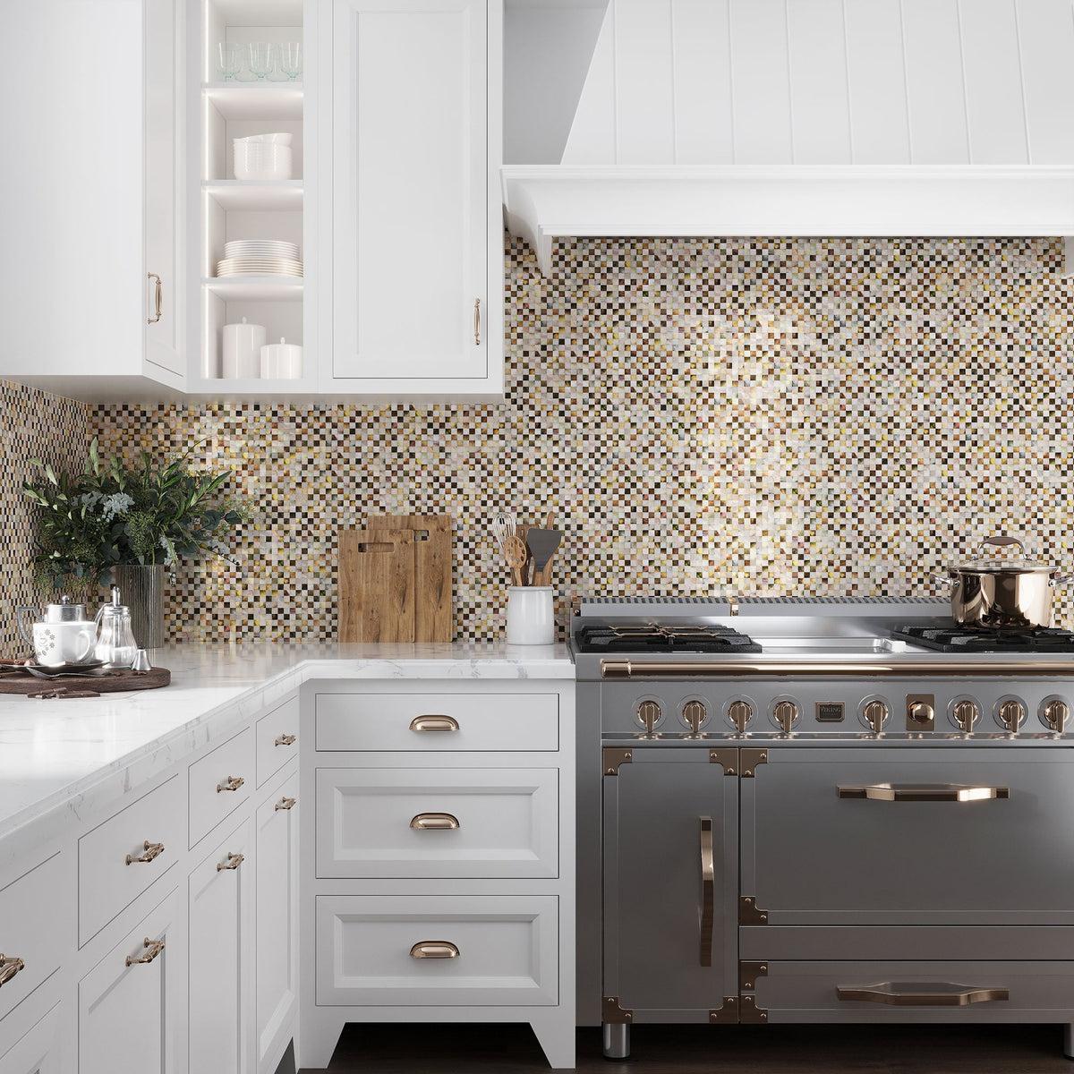 Mother Of Pearl Checker Board Mosaic Tile Backsplash in the Kitchen of White & Brass