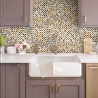 Light brown kitchen with Mother Of Pearl Checker Board Mosaic Tile backsplash