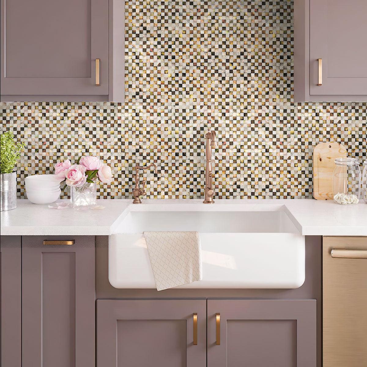 Light brown kitchen with Mother Of Pearl Checker Board Mosaic Tile backsplash