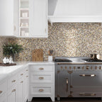 Mother Of Pearl Checker Board Mosaic Tile Backsplash in the Kitchen of White & Brass