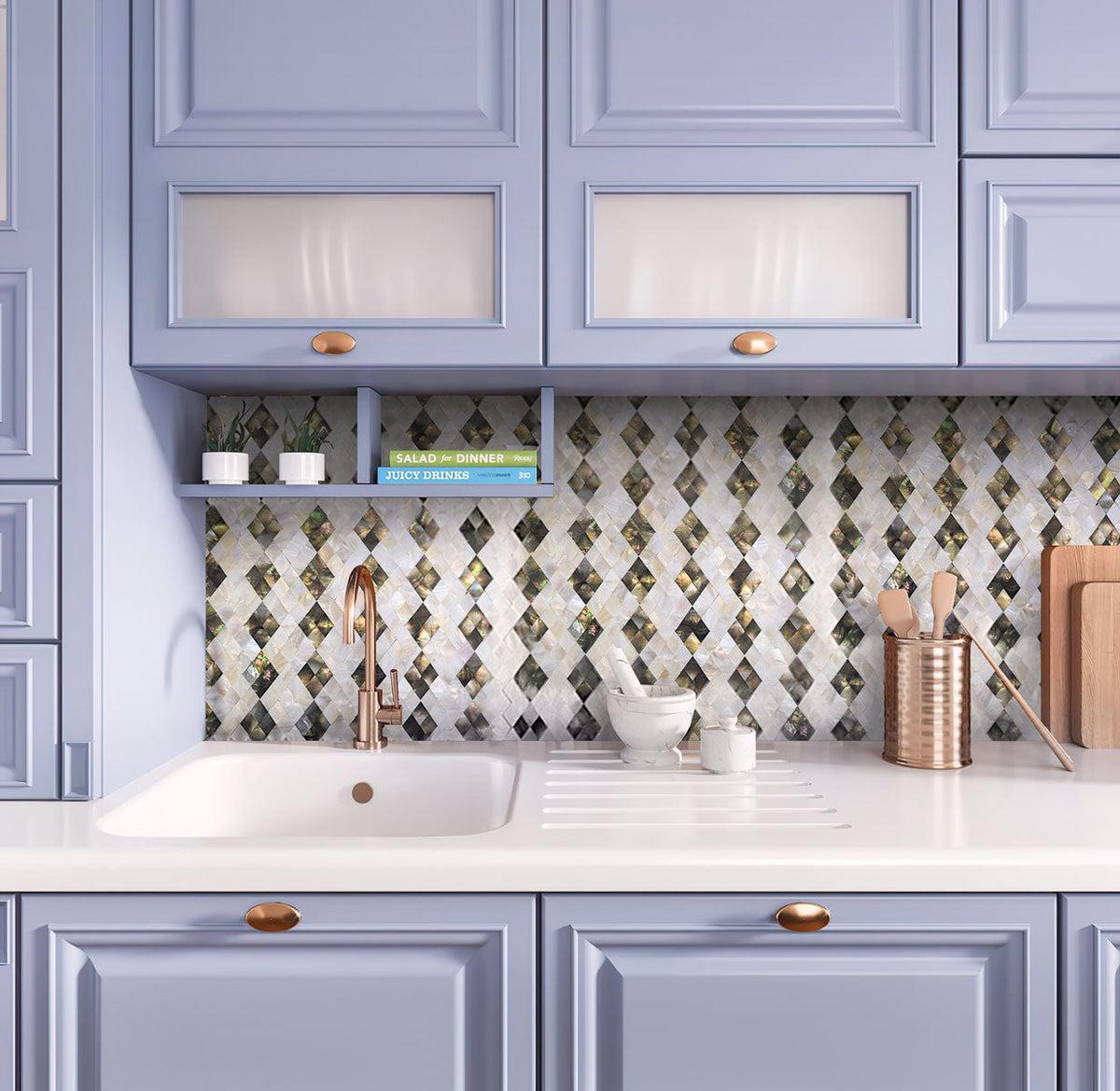 Mother Of Pearl Diamonds Mosaic Tile backsplash in Cornflower blue kitchen with copper fittings