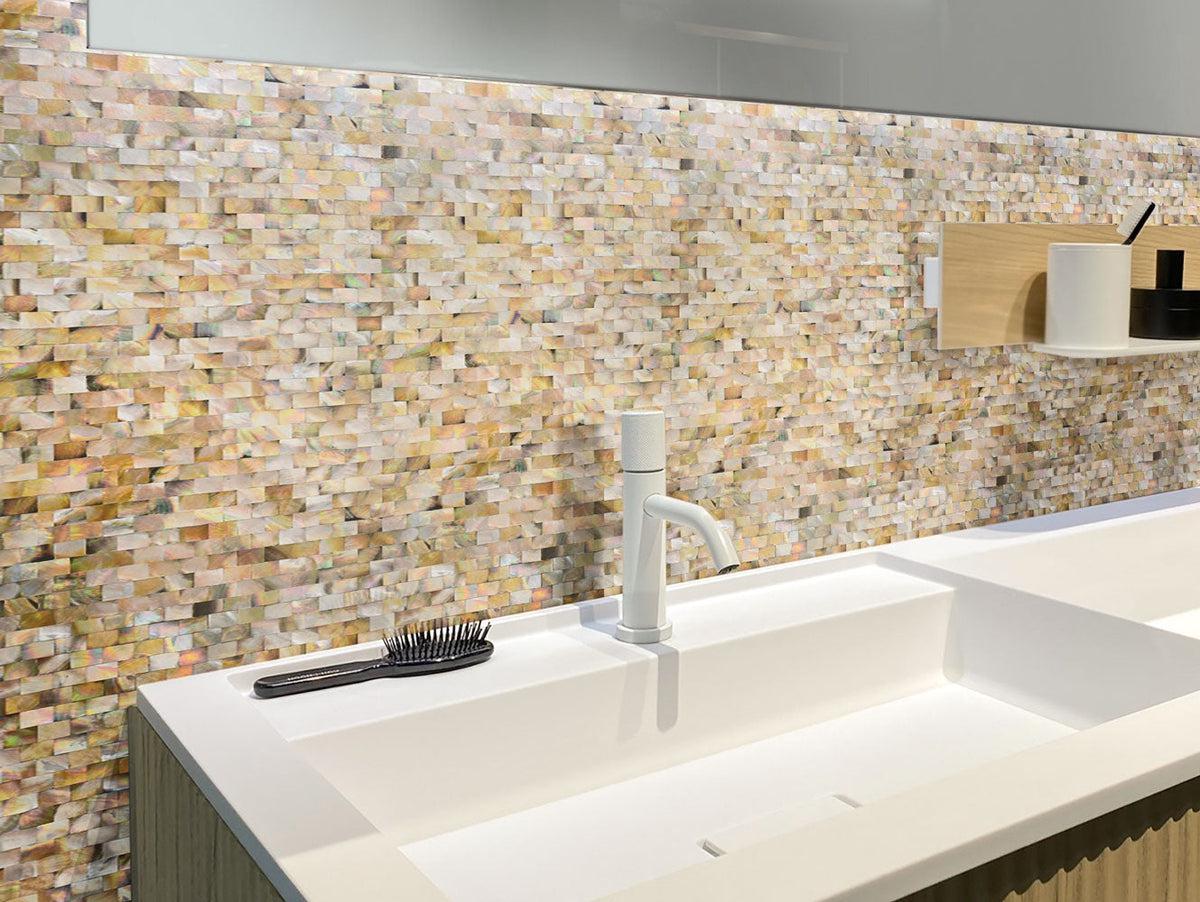 Warm gold and white brick pattern shell mosaic tile backsplash