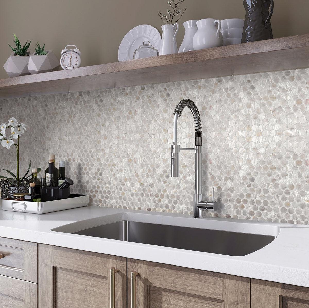 Shell penny tile backsplash