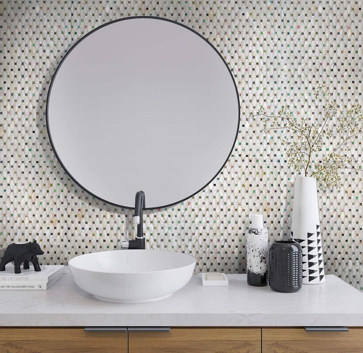 Bathroom with Mother Of Pearl Pillow With Abalone Dots Mosaic Tile backsplash