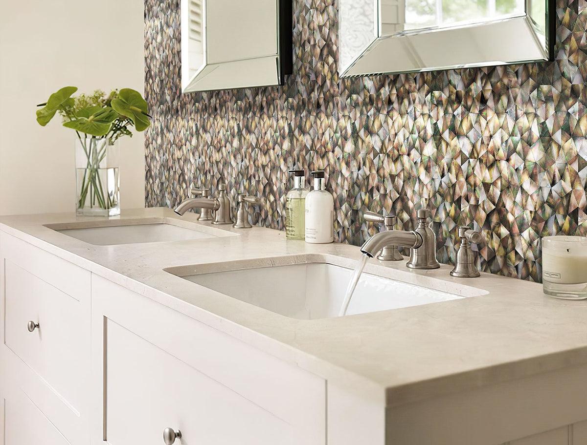 Bathroom with Mother Of Pearl Wild Triangle Mosaic Tile backsplash