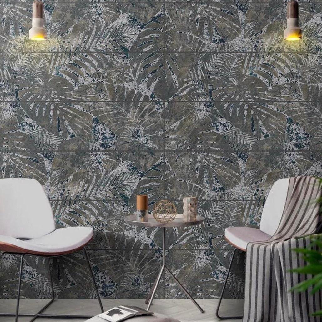 Wallpaper inspired dark tropical pattern porcelain tiles