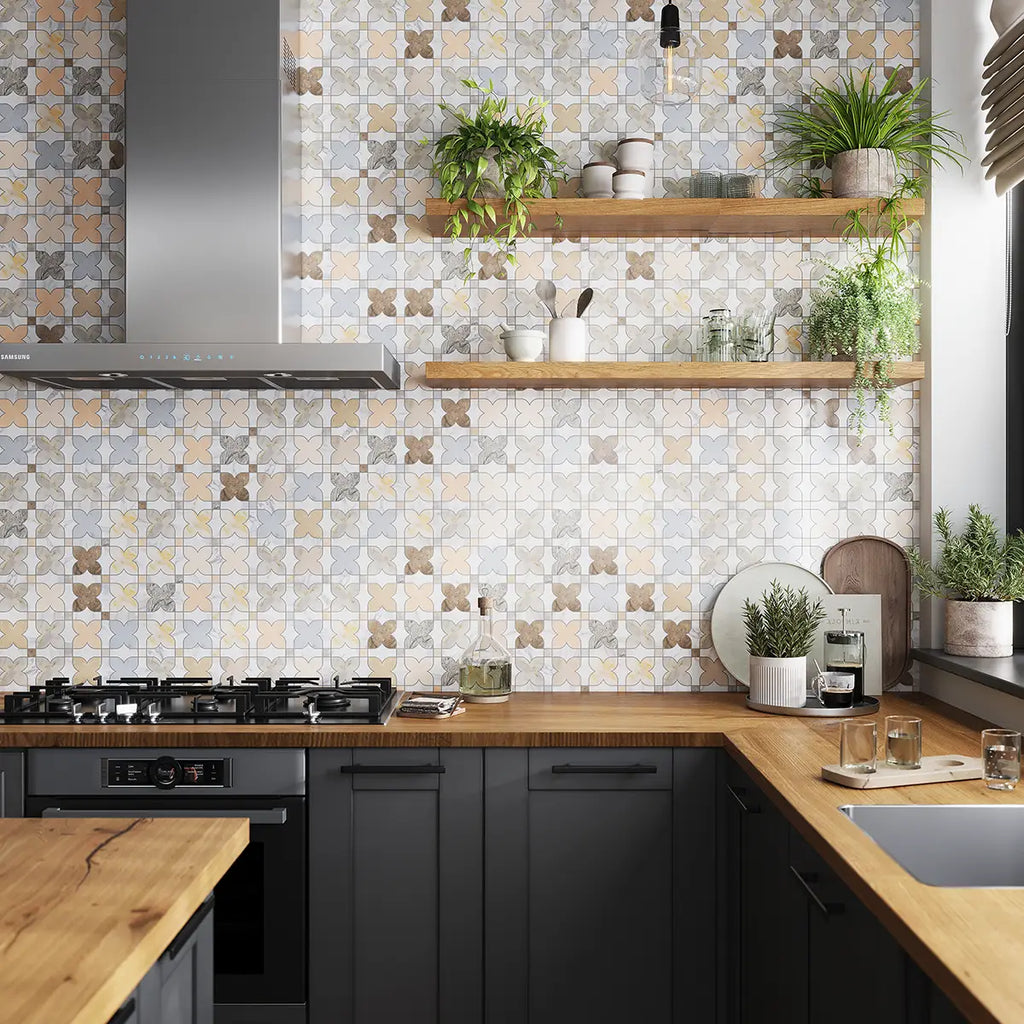 Modern kitchen with geometric tile backsplash, wooden countertops, and black cabinets.
