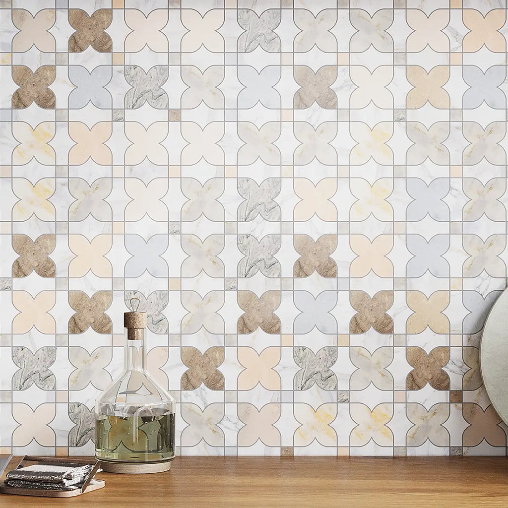 Neutral marble mosaic tile kitchen backsplash with a star pattern