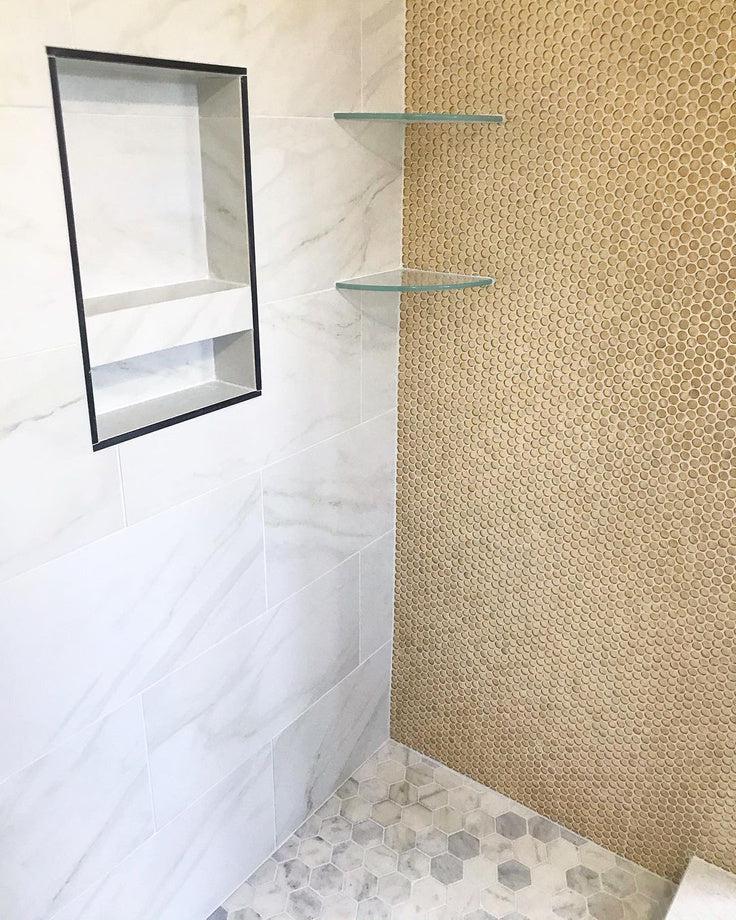 Client Install with White Marble Shower Tiles