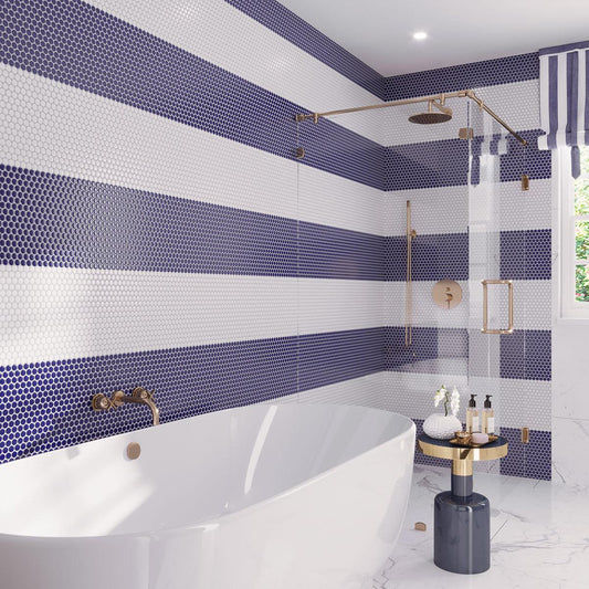 Navy Blue and White Buttons Porcelain Penny Round Tile Stripes for a Nautical Bathroom and Shower Wall