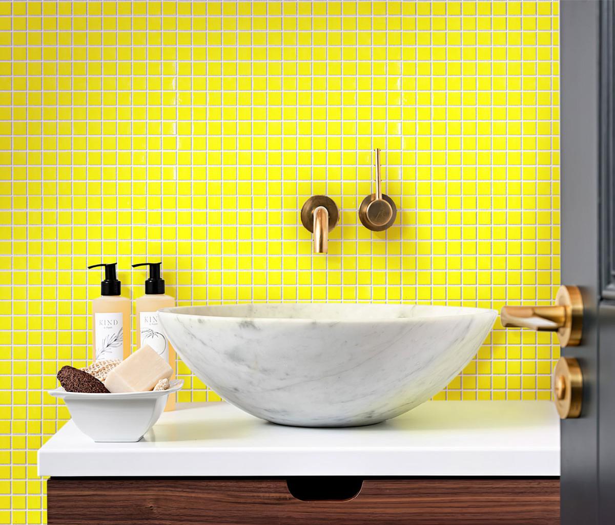 Neon Yellow Squares Glass Pool Tile Bathroom Backsplash